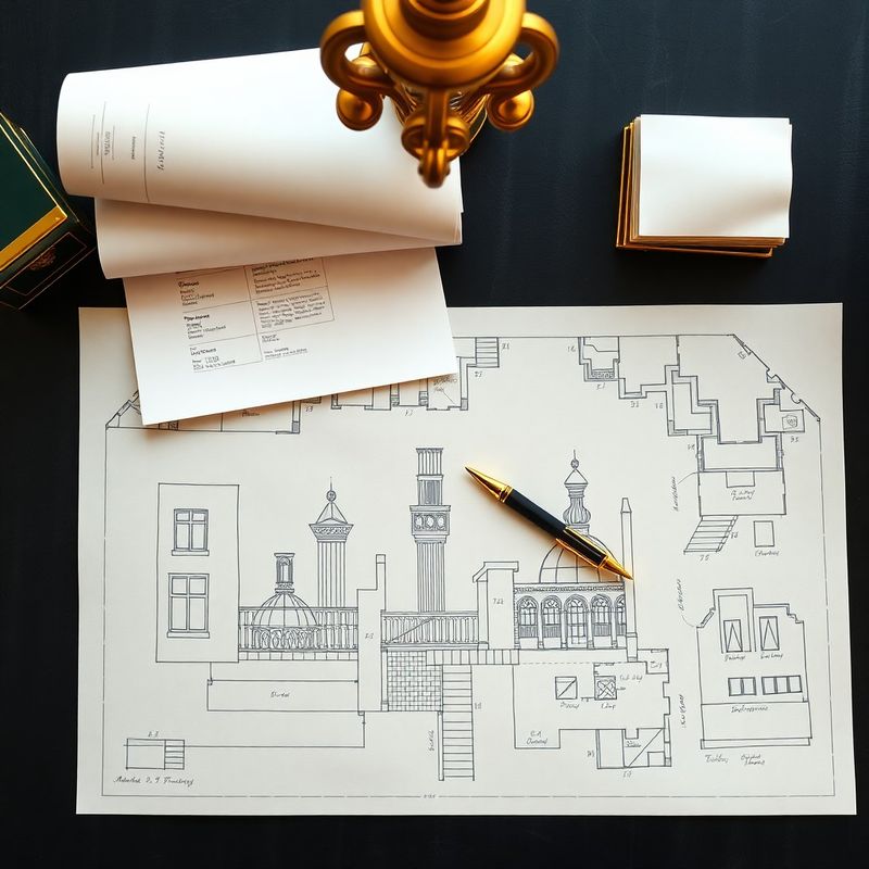 Architektonické výkresy a zlaté pero na tmavom pracovnom stole
